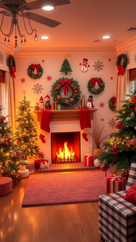 A Bloxburg room decorated with Christmas decals including trees, snowmen, and wreaths.